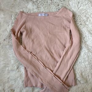 Thanne Pink Ribbed Long Sleeve Top with Pearl Sleeves